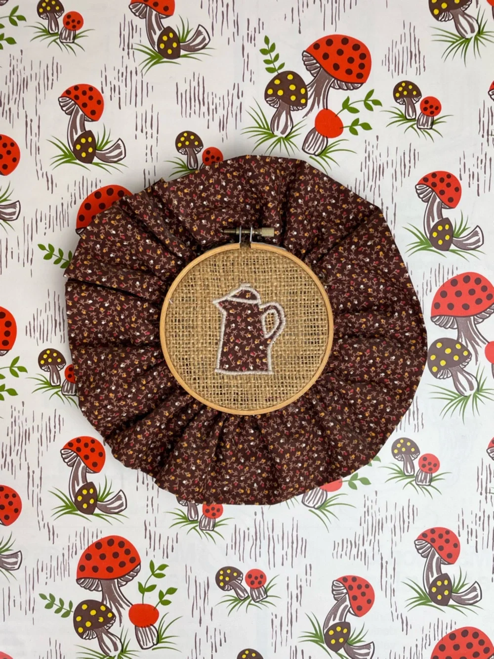 Vintage Handmade Embroidery Hoop Pitcher or Percolator
